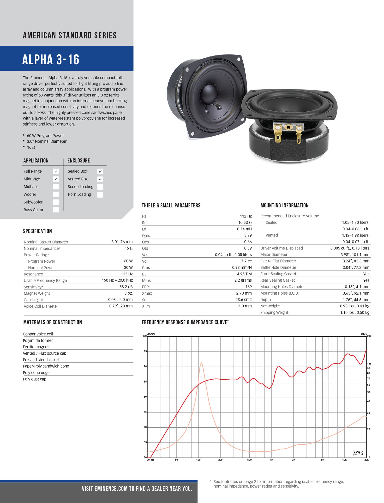 Eminence Alpha 3-16 3" Full-Range woofer 16 Ohm Buyout