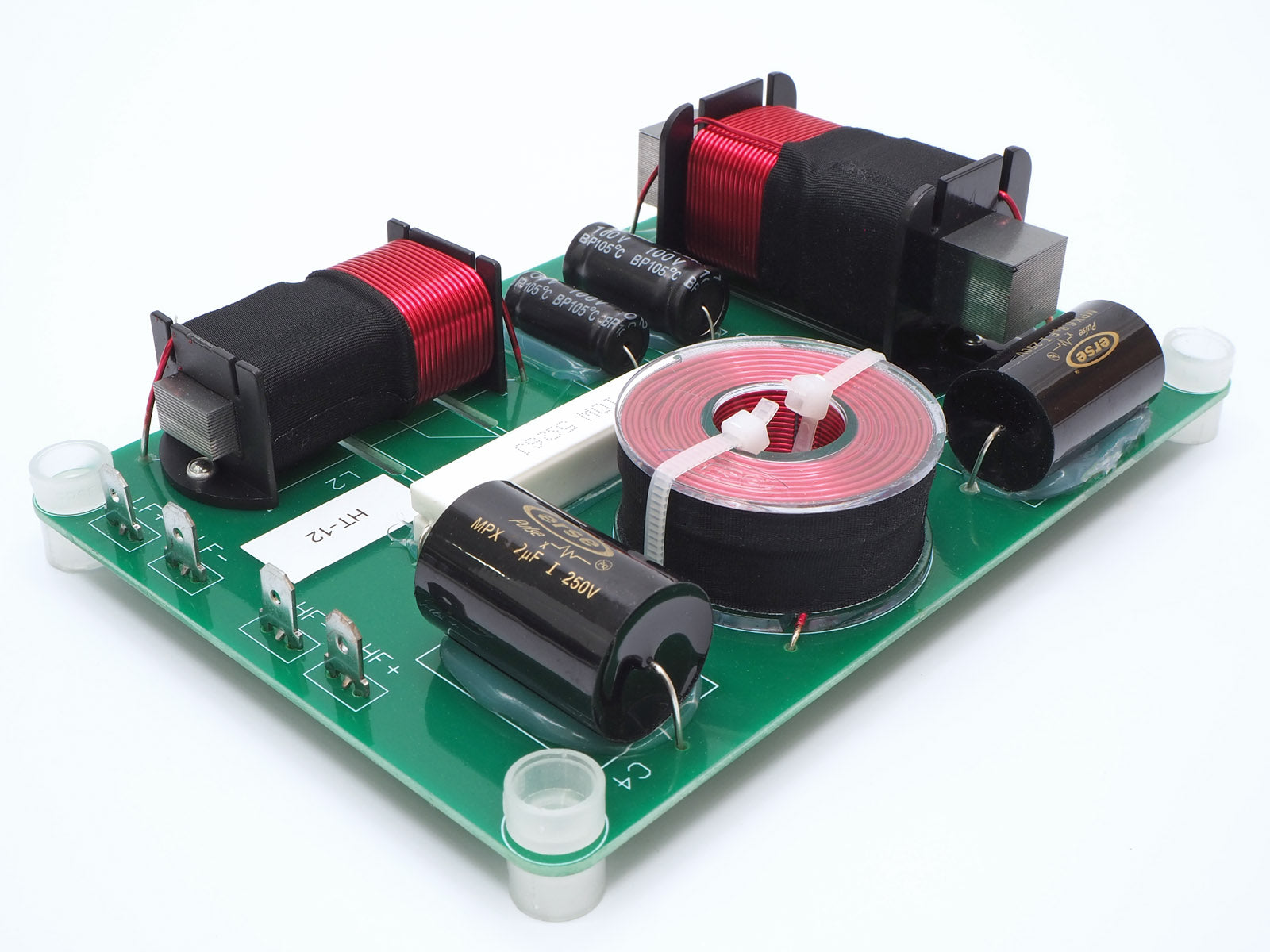 Picture of an assembled passive crossover used in the HT-12 home theater speaker kit.