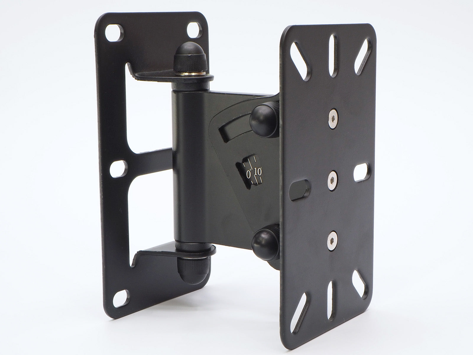 A metal speaker wall mount for surround sound speakers.