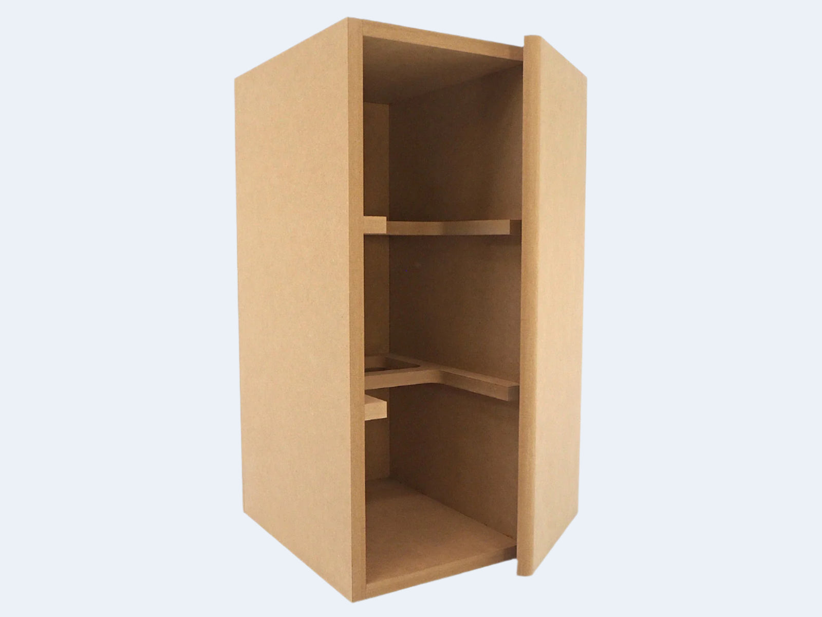 A .61 cubic foot flat pack speaker cabinet made from premium 1/2" Carb 2 Compliant MDF, featuring a front panel, two horizontal internal braces, and cut-out handles for easy assembly.