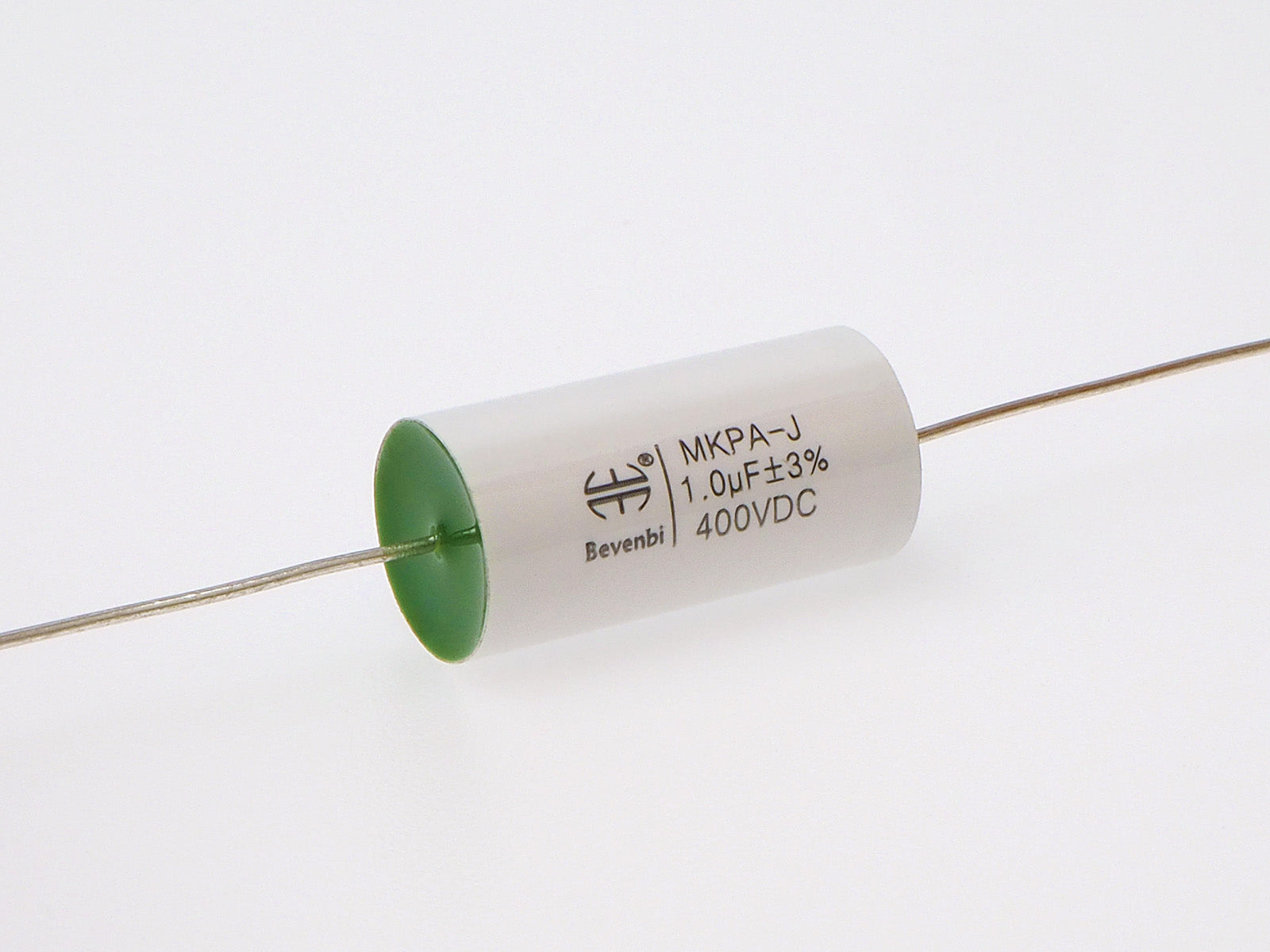 A Bevenbl MKPA-J 1.0uF 3% 400VDC capacitor on a clean white background.