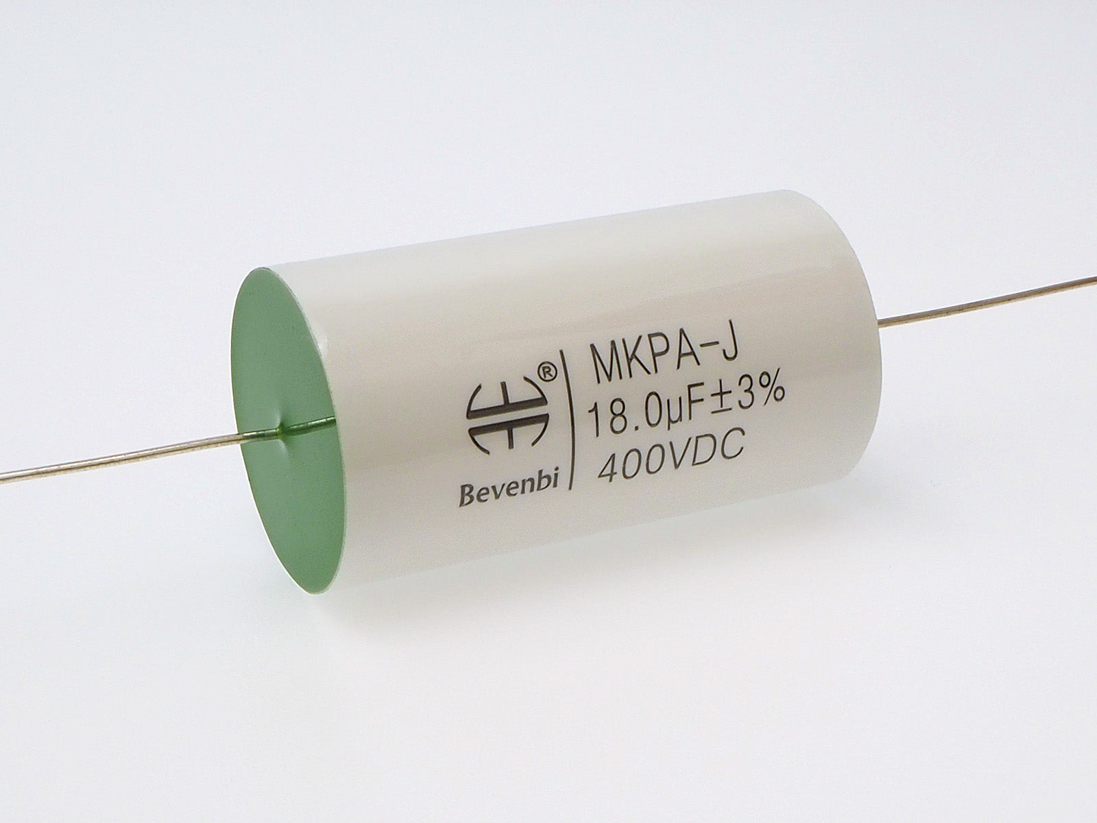 An 18uF Bevenbi Jade series capacitor rated at 400V and 3% tolerance.
