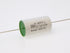 A Bevenbl MKPA-J 2.7uF ±3% 400VDC polypropylene capacitor with a white body, green end cap, and thin metal leads on a clean white background.