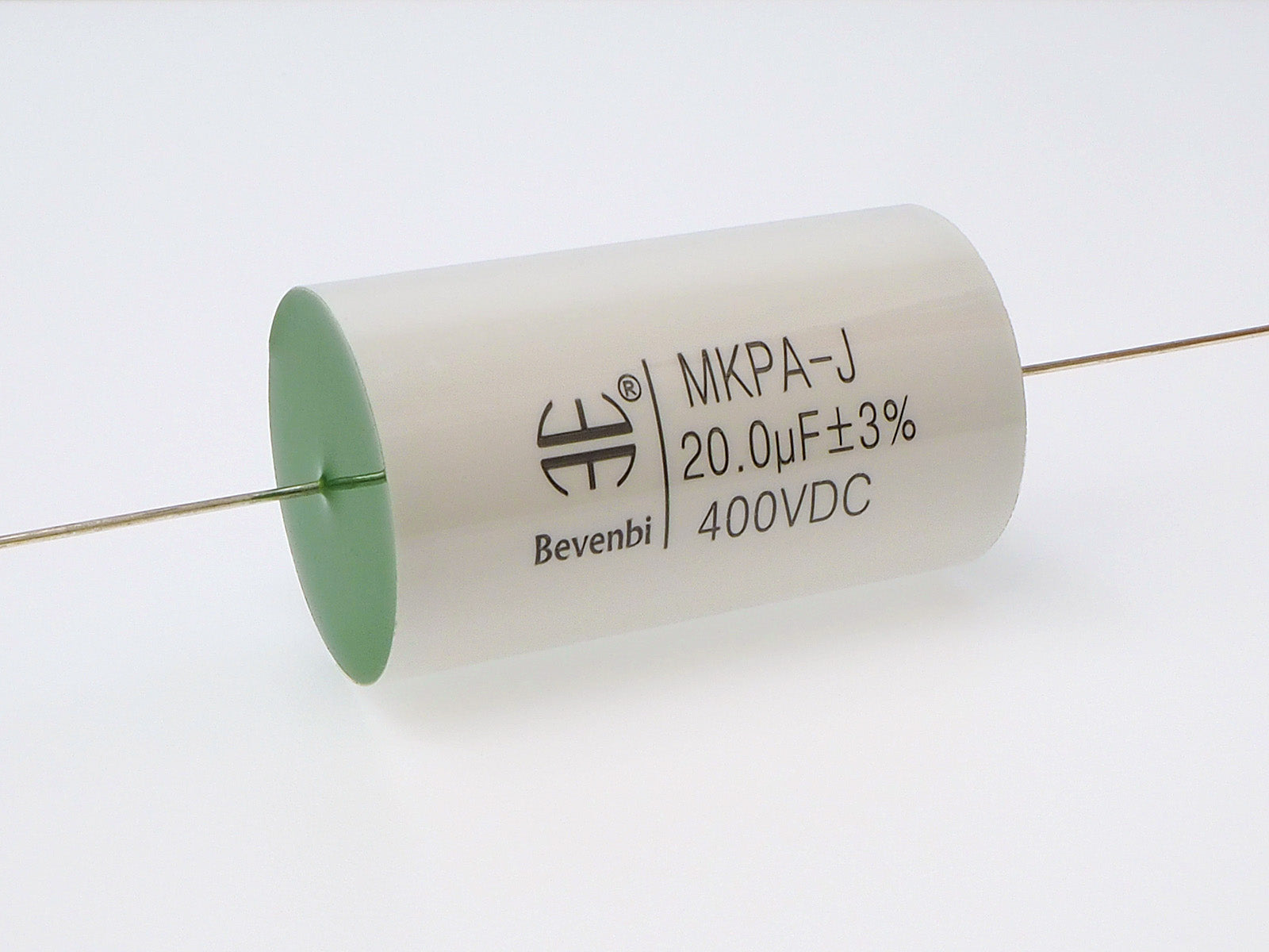 A cylindrical Bevenbi 20uF MKPA-J polypropylene capacitor with a white body, green end cap, and thin metal leads, shown on a clean white background.