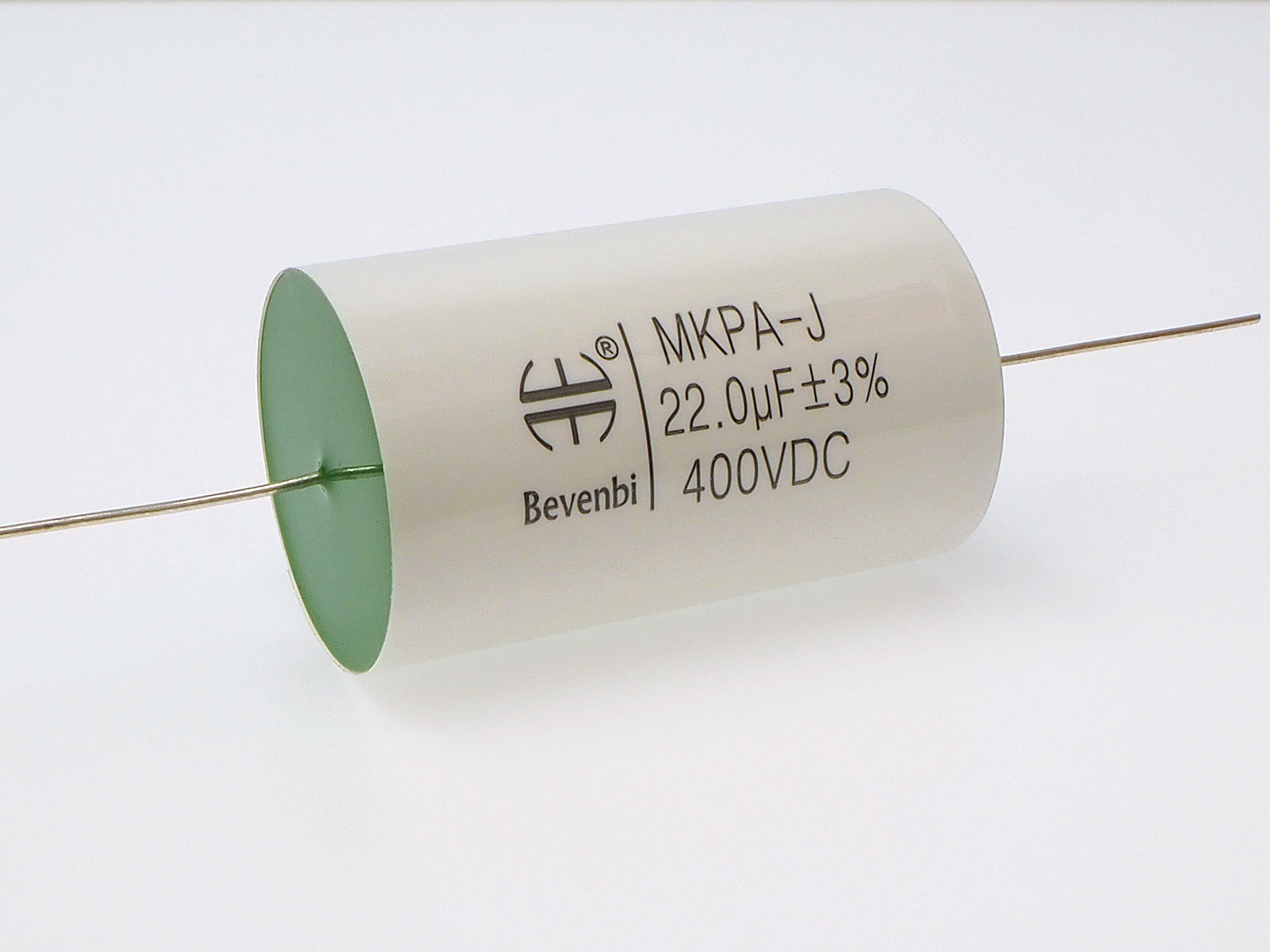 A Bevenbi MKPA-J 22.0uF 3% 400VDC capacitor used in high end audio speakers.