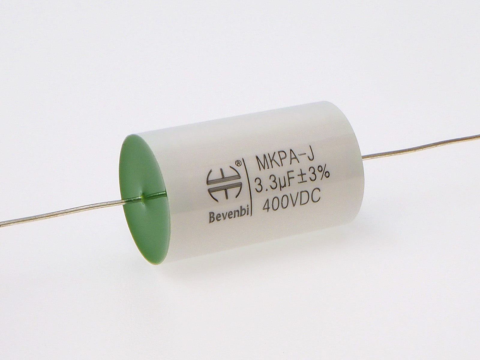A Jade series 3.3uF capacitor made by Bevenbi with a 3% tolerance and 400V rating.