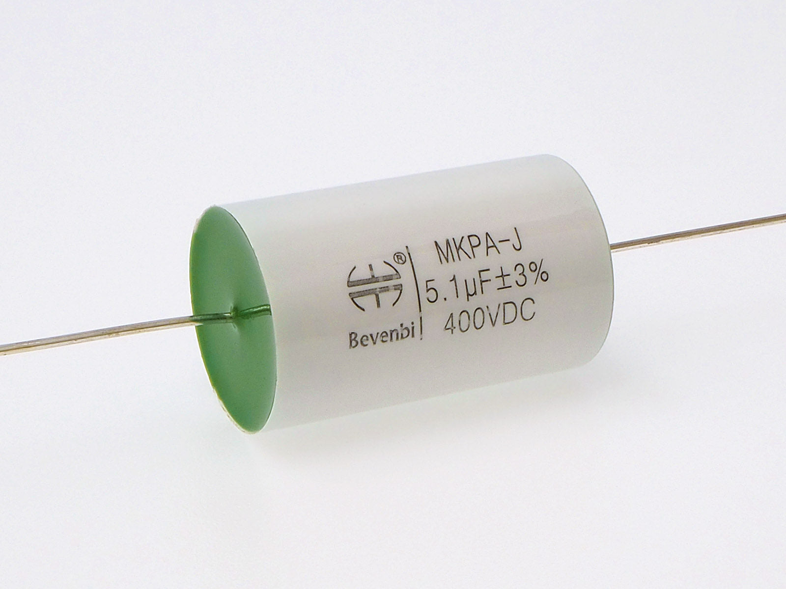 A Bevenbi 5.1uF capacitor with a 3% tolerance used for speaker crossovers.