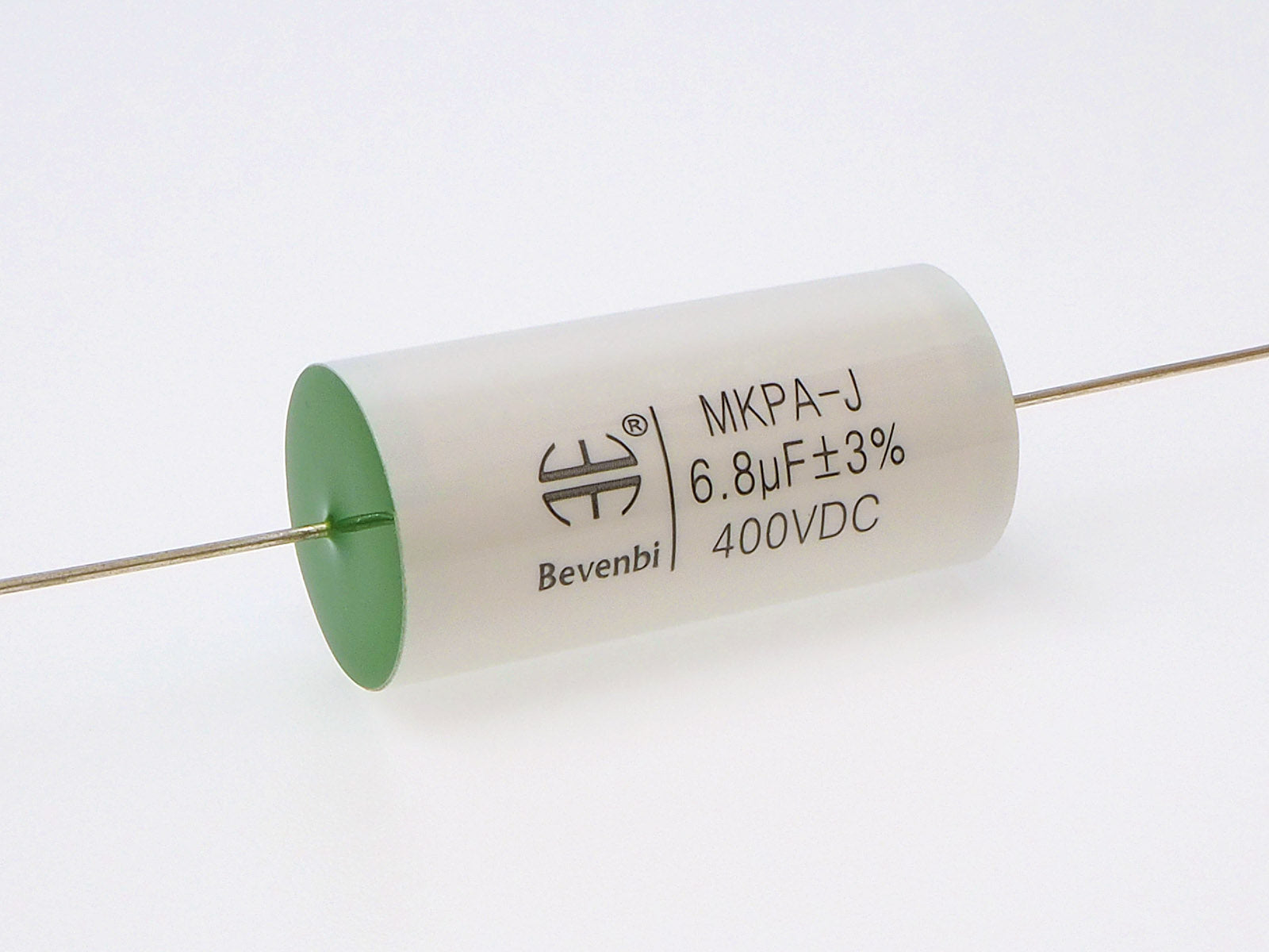 A Bevenbi 6.8uF MKPA-J capacitor used in high fidelity speakers.